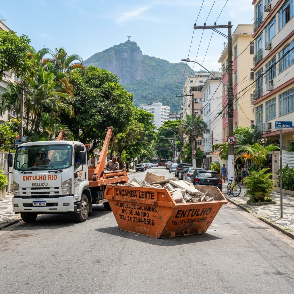 Caçamba de entulho laranja posicionada em uma rua do Rio de Janeiro ao lado de caminhão de entrega